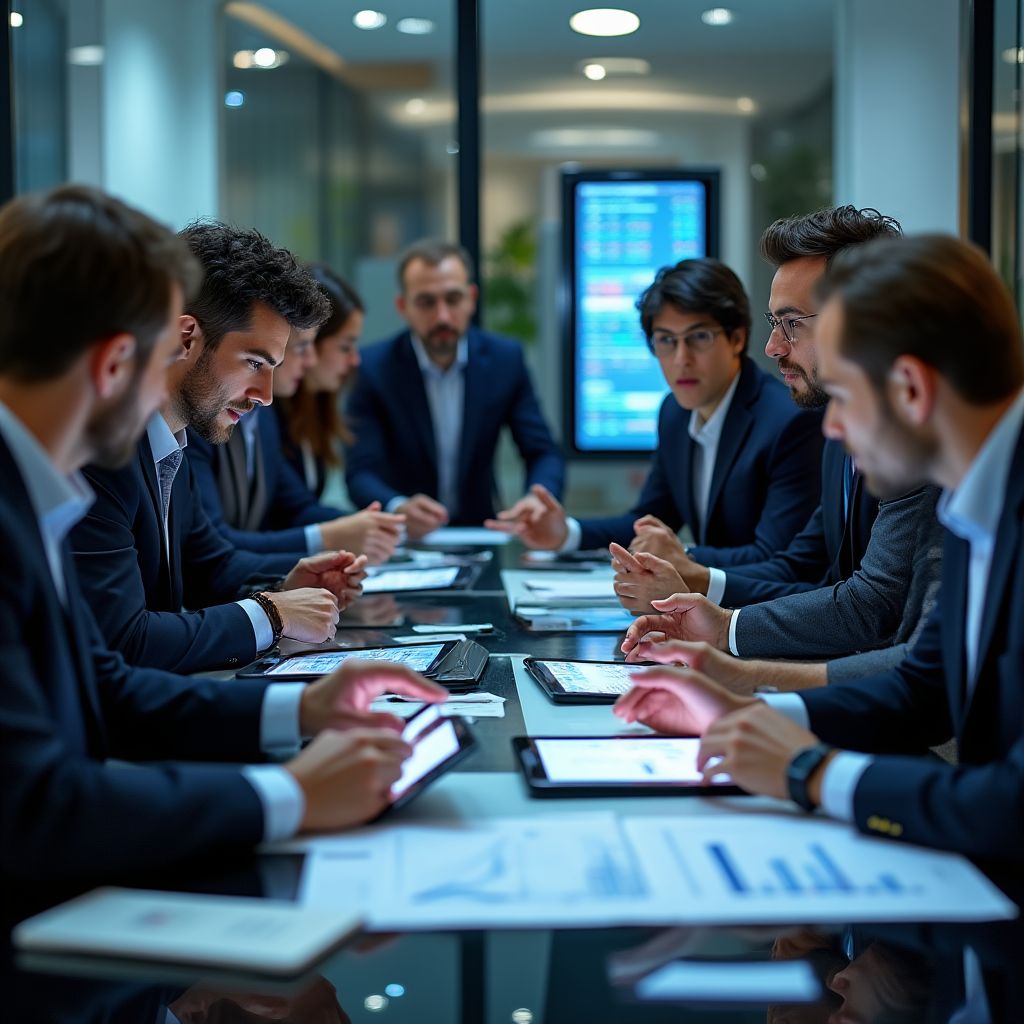 Equipo de profesionales discutiendo estrategias de inversión